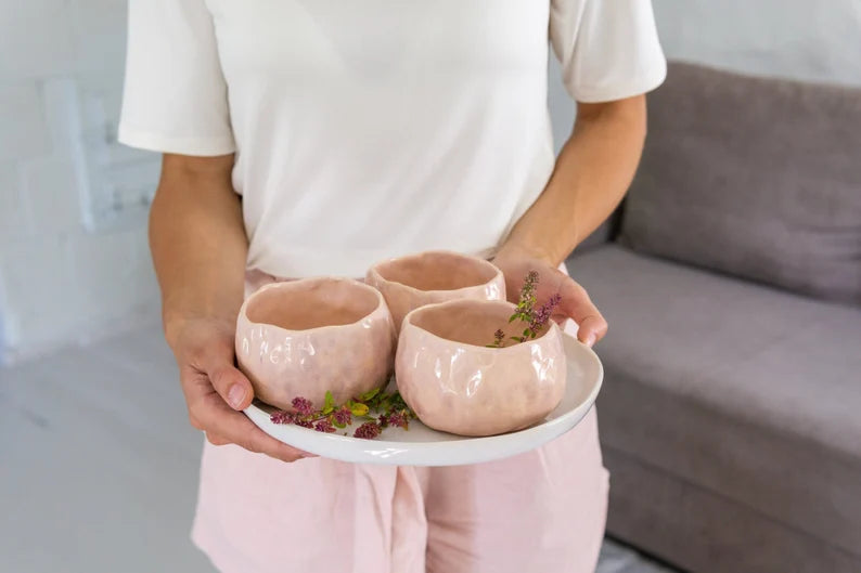 Pink ceramic bowl, handmade ice cream bowl