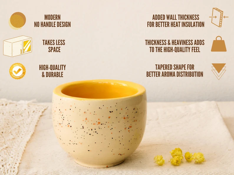 Yellow Speckled Handleless Coffee Mug and Saucer