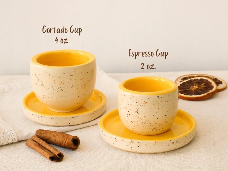 Yellow Speckled Handleless Coffee Mug and Saucer