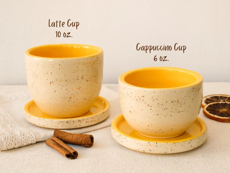 Yellow Speckled Handleless Coffee Mug and Saucer