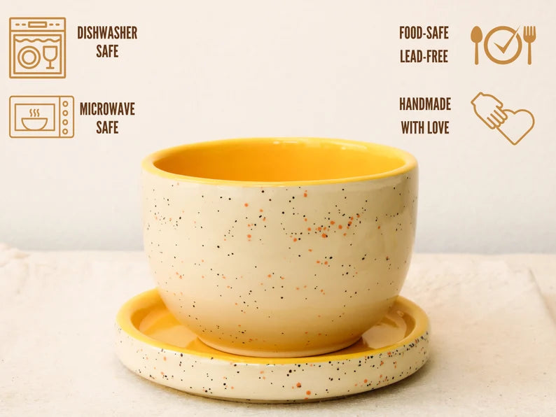 Yellow Speckled Handleless Coffee Mug and Saucer